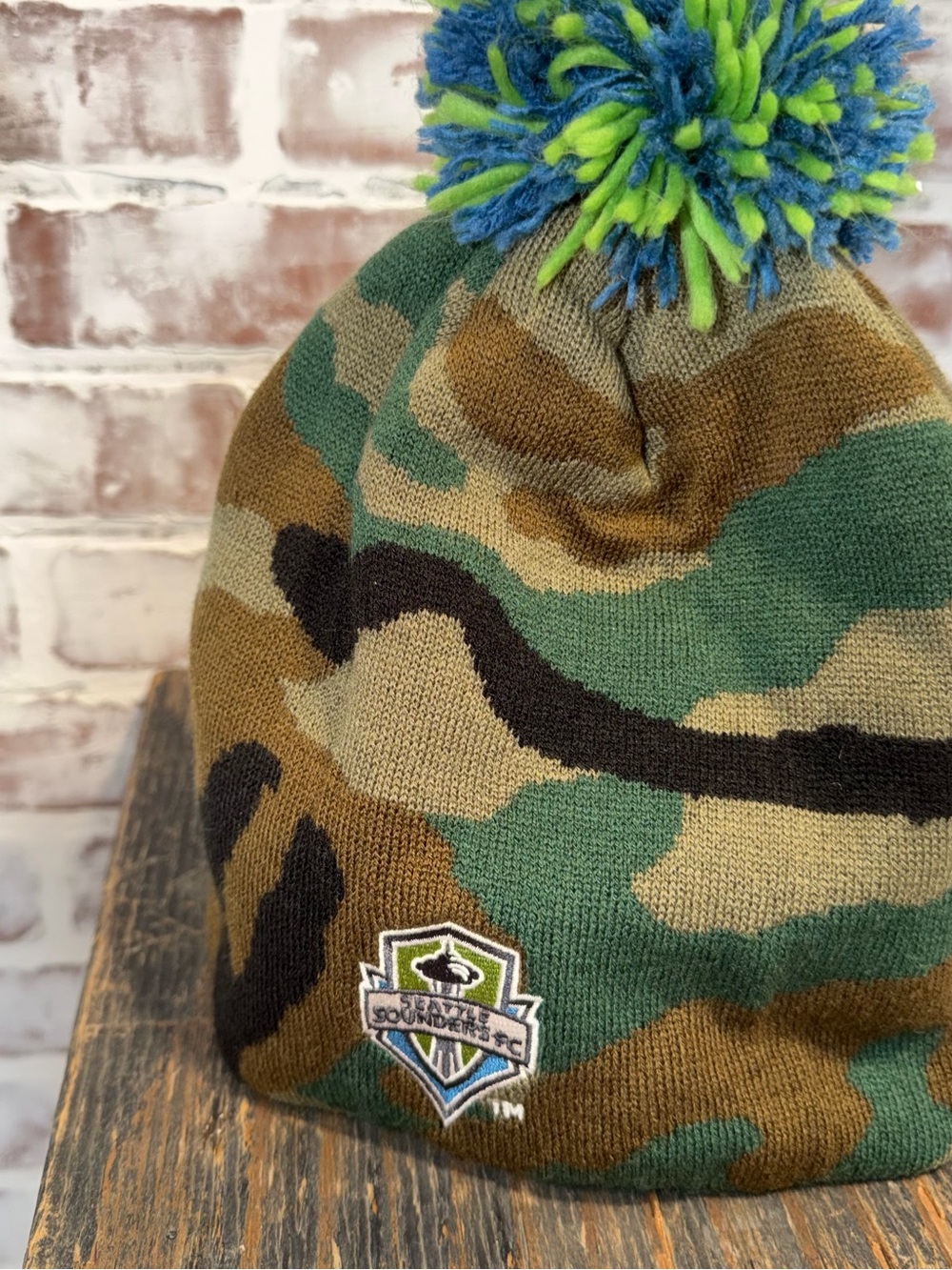 adidas seattle sounders Camo Knit Pom Beanie in Green, Brown & Black